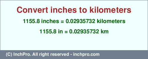 Result converting 1155.8 inches to km = 0.02935732 kilometers
