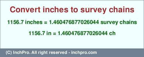 1156.7 inches to ch is equal to 1.460476877026044 (ch) Result converting 1156.7 inches to ch = 1.460476877026044 survey chains