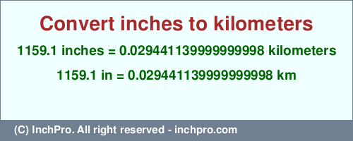 Result converting 1159.1 inches to km = 0.029441139999999998 kilometers