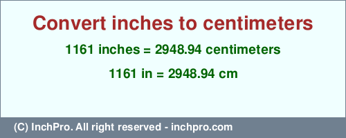 Result converting 1161 inches to cm = 2948.94 centimeters