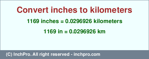 Result converting 1169 inches to km = 0.0296926 kilometers