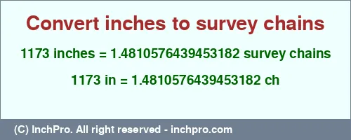 1173 inches to ch is equal to 1.4810576439453182 (ch) Result converting 1173 inches to ch = 1.4810576439453182 survey chains