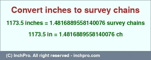 1173.5 inches to ch is equal to 1.4816889558140076 (ch) Result converting 1173.5 inches to ch = 1.4816889558140076 survey chains