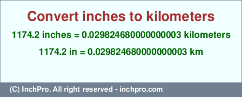 Result converting 1174.2 inches to km = 0.029824680000000003 kilometers