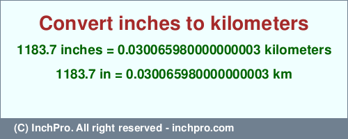Result converting 1183.7 inches to km = 0.030065980000000003 kilometers