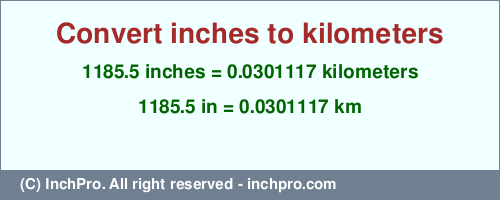 Result converting 1185.5 inches to km = 0.0301117 kilometers