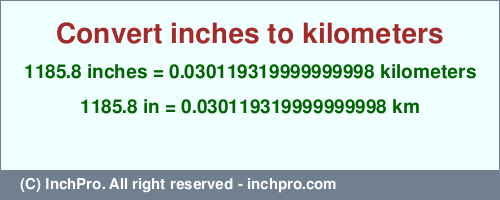 Result converting 1185.8 inches to km = 0.030119319999999998 kilometers