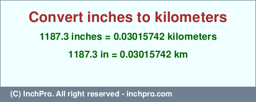 Result converting 1187.3 inches to km = 0.03015742 kilometers