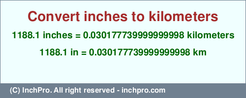 Result converting 1188.1 inches to km = 0.030177739999999998 kilometers