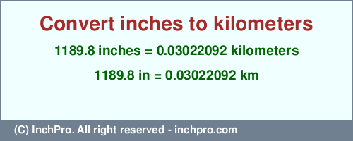 Result converting 1189.8 inches to km = 0.03022092 kilometers