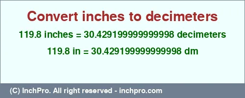 119.8 inches to dm is equal to 30.429199999999998 (dm) Result converting 119.8 inches to dm = 30.429199999999998 decimeters
