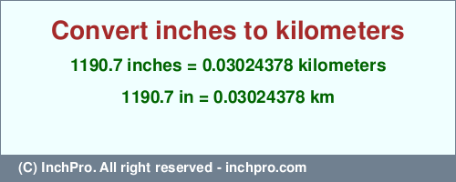 Result converting 1190.7 inches to km = 0.03024378 kilometers