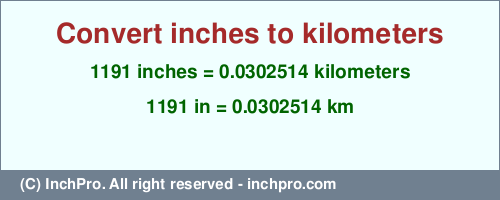 Result converting 1191 inches to km = 0.0302514 kilometers