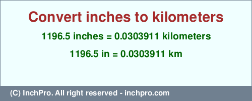 Result converting 1196.5 inches to km = 0.0303911 kilometers