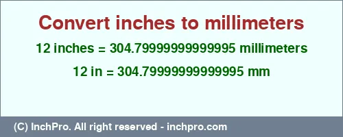 12 inches to mm is equal to 304.79999999999995 (mm) Result converting 12 inches to mm = 304.79999999999995 millimeters