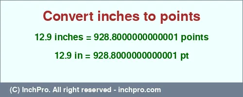 12.9 inches to pt is equal to 928.8000000000001 (pt) Result converting 12.9 inches to pt = 928.8000000000001 points