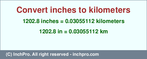 Result converting 1202.8 inches to km = 0.03055112 kilometers