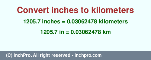 Result converting 1205.7 inches to km = 0.03062478 kilometers