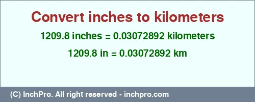 1209.8 inches to km is equal to 0.03072892 (km) Result converting 1209.8 inches to km = 0.03072892 kilometers