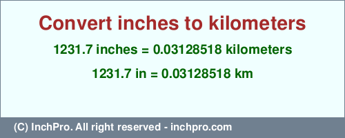 Result converting 1231.7 inches to km = 0.03128518 kilometers