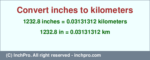 Result converting 1232.8 inches to km = 0.03131312 kilometers