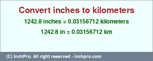 1242.8 inches to km is equal to 0.03156712 (km) Result converting 1242.8 inches to km = 0.03156712 kilometers