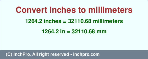 1264.2 inches to mm is equal to 32110.68 (mm) Result converting 1264.2 inches to mm = 32110.68 millimeters