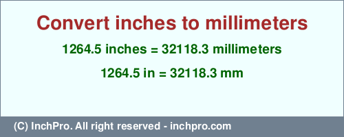 1264.5 inches to mm is equal to 32118.3 (mm) Result converting 1264.5 inches to mm = 32118.3 millimeters