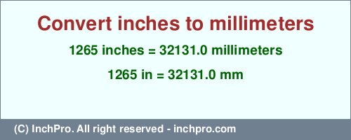 1265 inches to mm is equal to 32131.0 (mm) Result converting 1265 inches to mm = 32131.0 millimeters