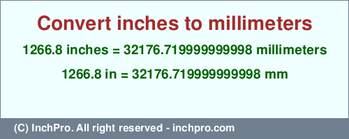 1266.8 inches to mm is equal to 32176.719999999998 (mm) Result converting 1266.8 inches to mm = 32176.719999999998 millimeters