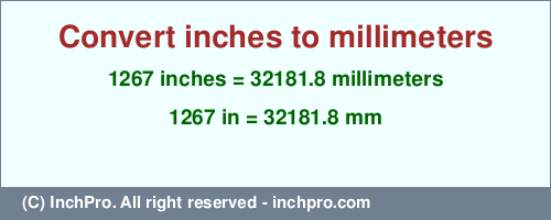 1267 inches to mm is equal to 32181.8 (mm) Result converting 1267 inches to mm = 32181.8 millimeters