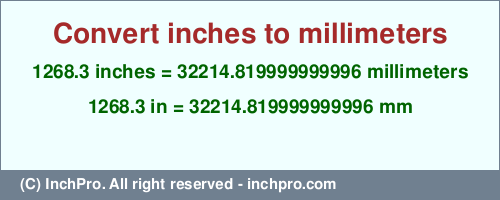 Result converting 1268.3 inches to mm = 32214.819999999996 millimeters