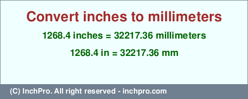 Result converting 1268.4 inches to mm = 32217.36 millimeters