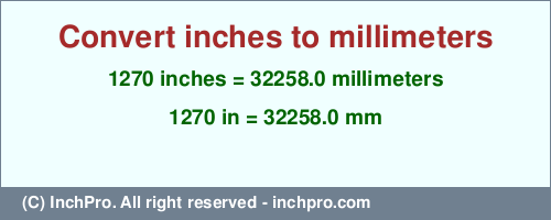 Result converting 1270 inches to mm = 32258.0 millimeters