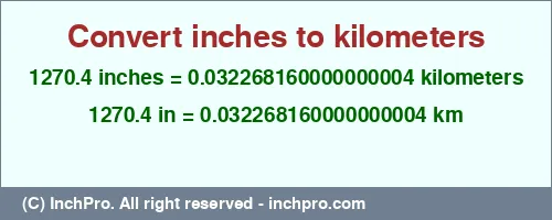 1270.4 inches to km is equal to 0.032268160000000004 (km) Result converting 1270.4 inches to km = 0.032268160000000004 kilometers