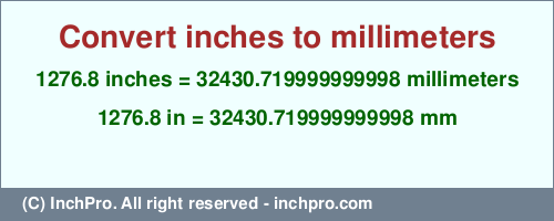 1276.8 inches to mm is equal to 32430.719999999998 (mm) Result converting 1276.8 inches to mm = 32430.719999999998 millimeters