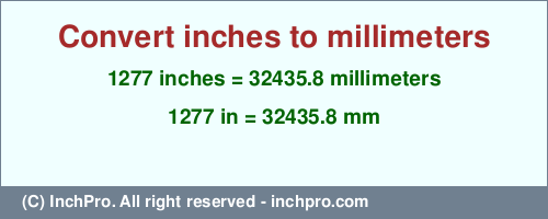 1277 inches to mm is equal to 32435.8 (mm) Result converting 1277 inches to mm = 32435.8 millimeters