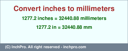 1277.2 inches to mm is equal to 32440.88 (mm) Result converting 1277.2 inches to mm = 32440.88 millimeters