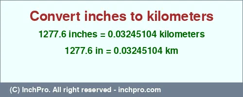 1277.6 inches to km is equal to 0.03245104 (km) Result converting 1277.6 inches to km = 0.03245104 kilometers