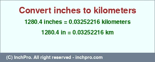 1280.4 inches to km is equal to 0.03252216 (km) Result converting 1280.4 inches to km = 0.03252216 kilometers