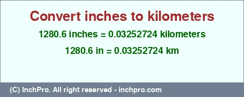 1280.6 inches to km is equal to 0.03252724 (km) Result converting 1280.6 inches to km = 0.03252724 kilometers