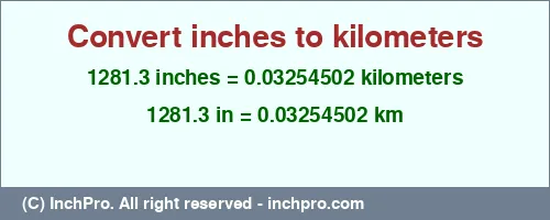 Result converting 1281.3 inches to km = 0.03254502 kilometers