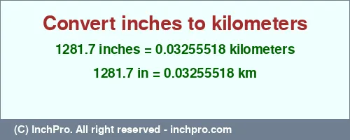 1281.7 inches to km is equal to 0.03255518 (km) Result converting 1281.7 inches to km = 0.03255518 kilometers