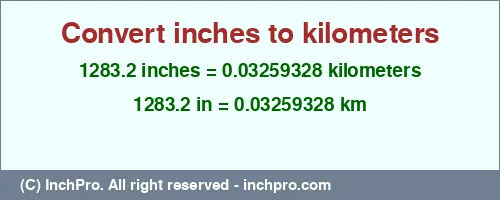 1283.2 inches to km is equal to 0.03259328 (km) Result converting 1283.2 inches to km = 0.03259328 kilometers