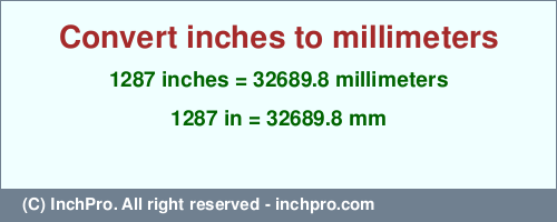 Result converting 1287 inches to mm = 32689.8 millimeters