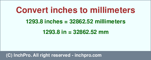 Result converting 1293.8 inches to mm = 32862.52 millimeters