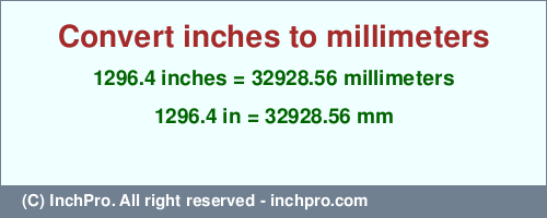 1296.4 inches to mm is equal to 32928.56 (mm) Result converting 1296.4 inches to mm = 32928.56 millimeters