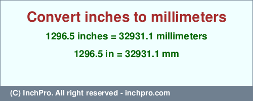 1296.5 inches to mm is equal to 32931.1 (mm) Result converting 1296.5 inches to mm = 32931.1 millimeters