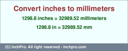 1298.8 inches to mm is equal to 32989.52 (mm) Result converting 1298.8 inches to mm = 32989.52 millimeters