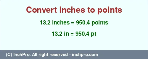 13.2 inches to pt is equal to 950.4 (pt) Result converting 13.2 inches to pt = 950.4 points